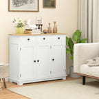 Sideboard with Solid Wood Countertop, Modern Kitchen Storage Cabinet, Coffee Bar Cabinet with 3 Drawers, Doors and Adjustable Shelf, Distressed White,for Kitchen