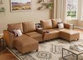 SITJOY 132" Faux Leather Modular Sectional Sofa with Storage, Mid Century Modern Sectional Couches for Living Room, 6 Seat U Shaped Couch with Ottoman and Console Table, Hidden Cupholders, Brown