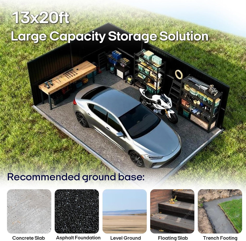 Outdoor Storage Shed 13x20 FT, Sheds & Outdoor Storage Clearance - Metal Garage Shed for Car, Truck, Bike - Backyard Tool House Building with 2 Windows and 2 Translucent Panels