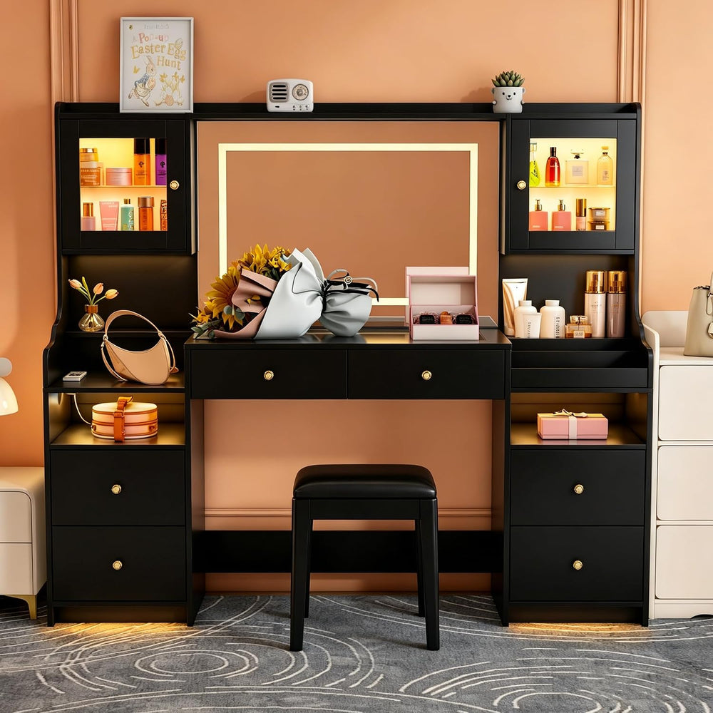 wanan 62" Large Black Vanity Desk with Glass Top, Makeup Vanity with Mir...