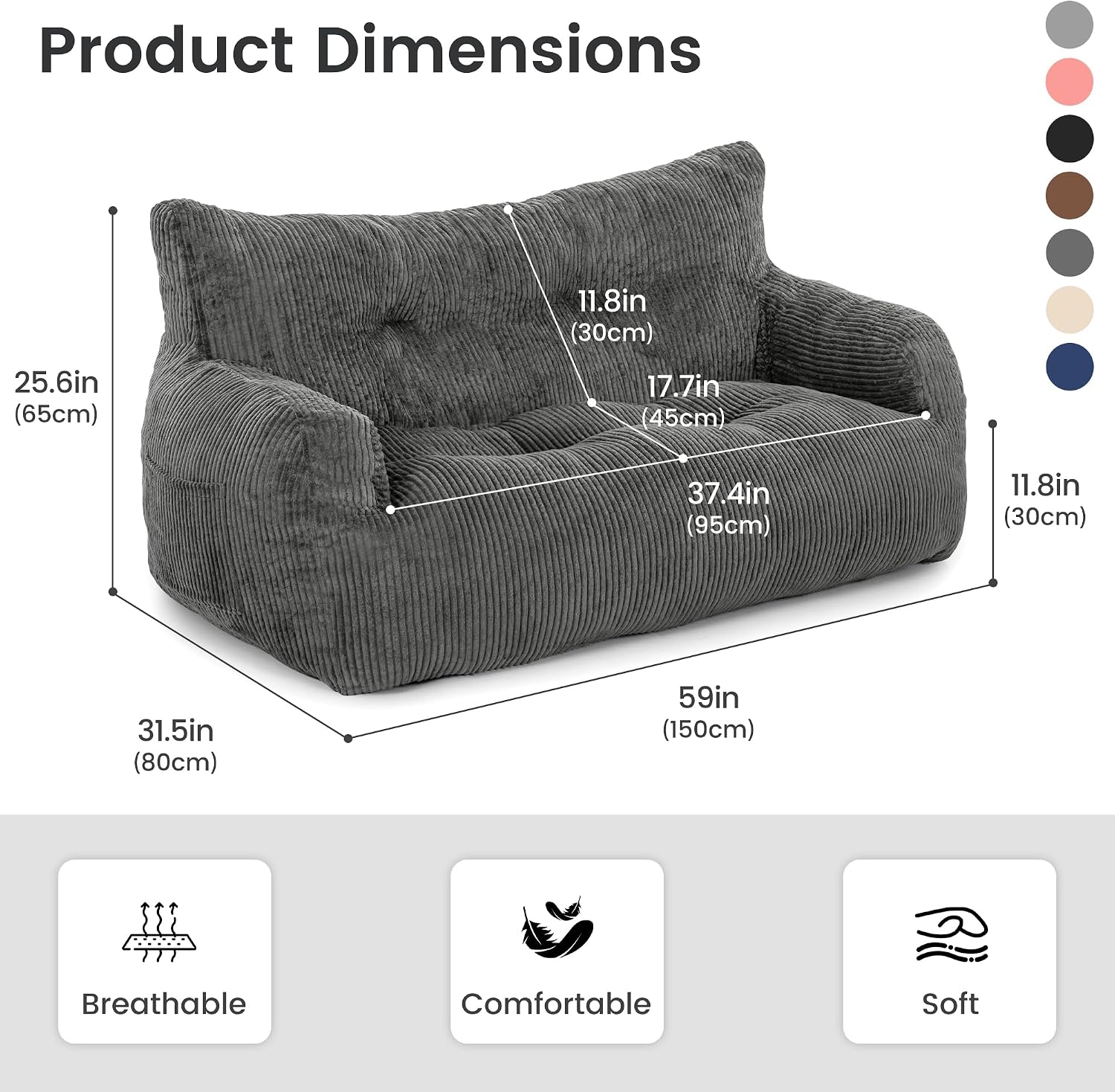 Pamapic 59 Inch 2-Seater Corduroy Bean Bag Chair,Loveseat Sofa with Ultra Soft Fluffy Cover, 72H High Resilience Foam Sofa Bed for Adults, Suitable for Living Room, Bedroom,Grey