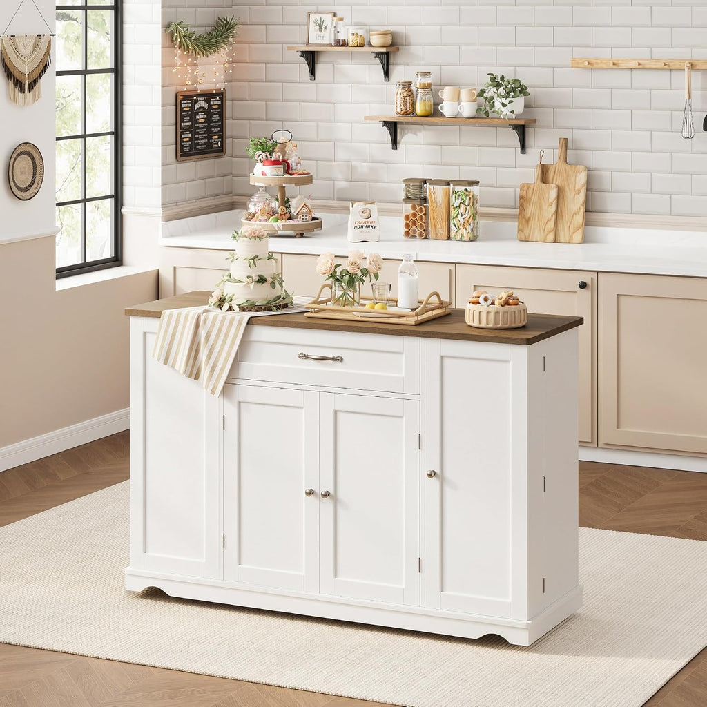 HOSTACK Kitchen Island Cart with Storage, 47'' Kitchen Storage Island on Wheels with 2 Drawers, Rolling Island Table with Adjustable Shelves, Mobile Buffet Sideboard Cabinet for Dining Room, White