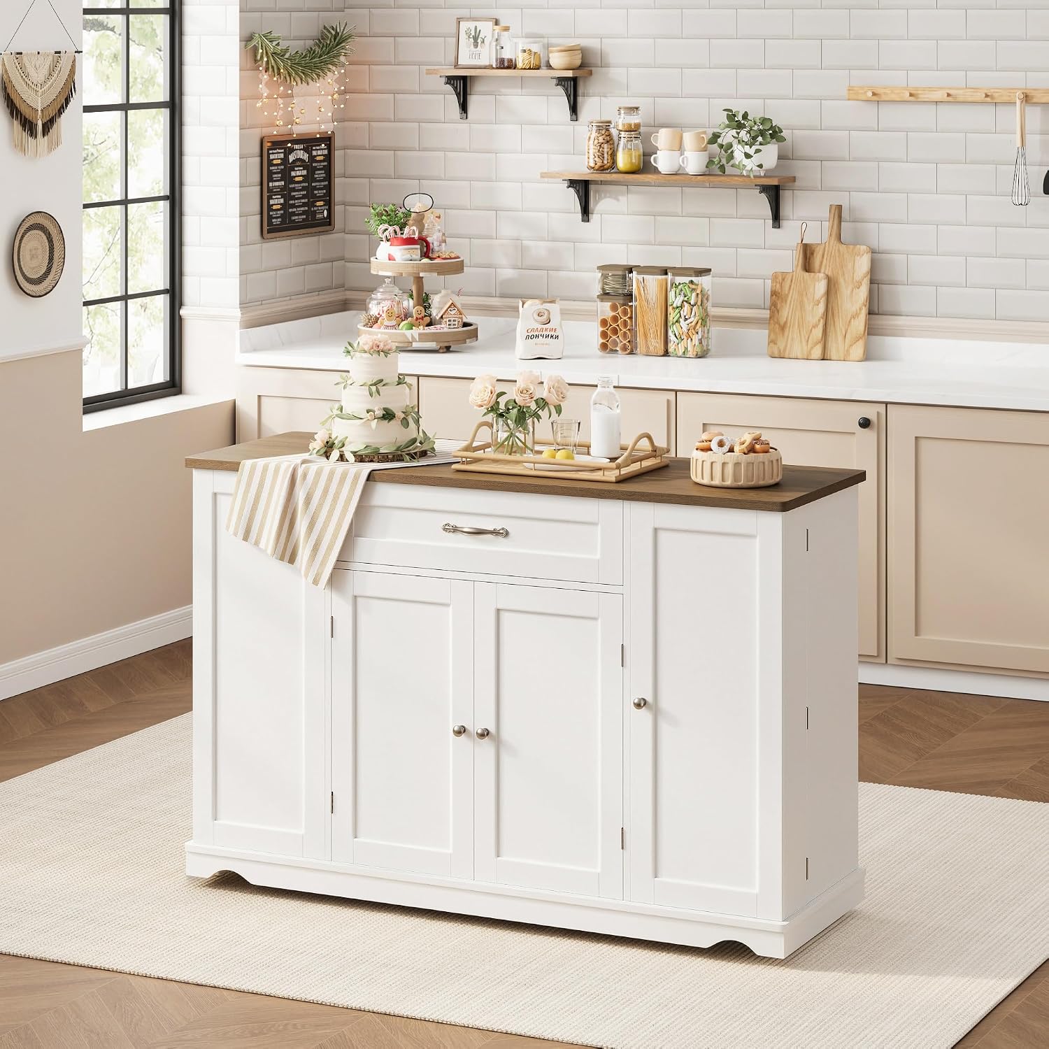 HOSTACK Kitchen Island Cart with Storage, 47'' Kitchen Storage Island on Wheels with 2 Drawers, Rolling Island Table with Adjustable Shelves, Mobile Buffet Sideboard Cabinet for Dining Room, White