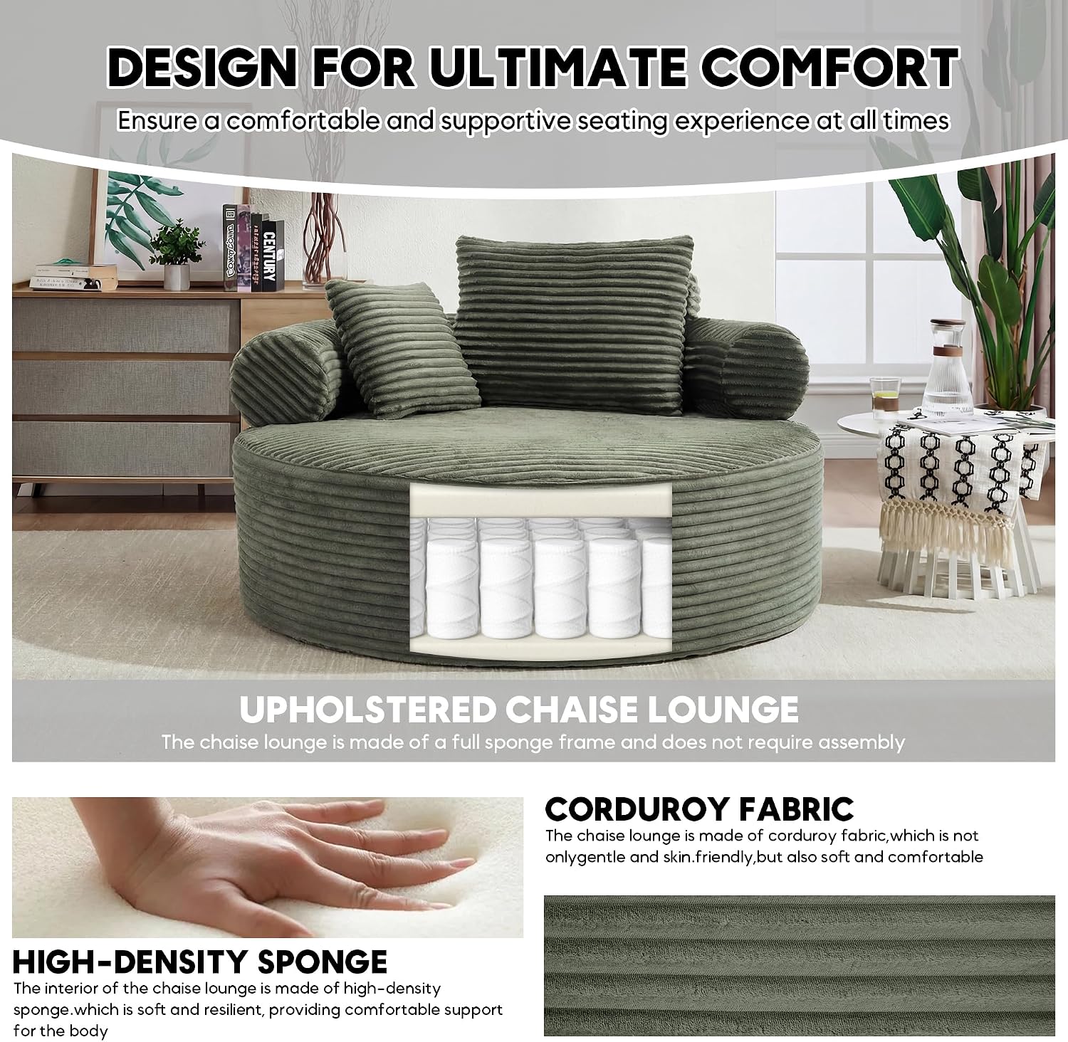 Oversized Round Chair Lounge Chaise Indoor, 55.5" Upholstered Corduroy Deep Seat Single Cloud Sofa Chair, Fluffy Modern Large Circle Boneless Sleeper Sofa for Living Room, Bedroom, Green