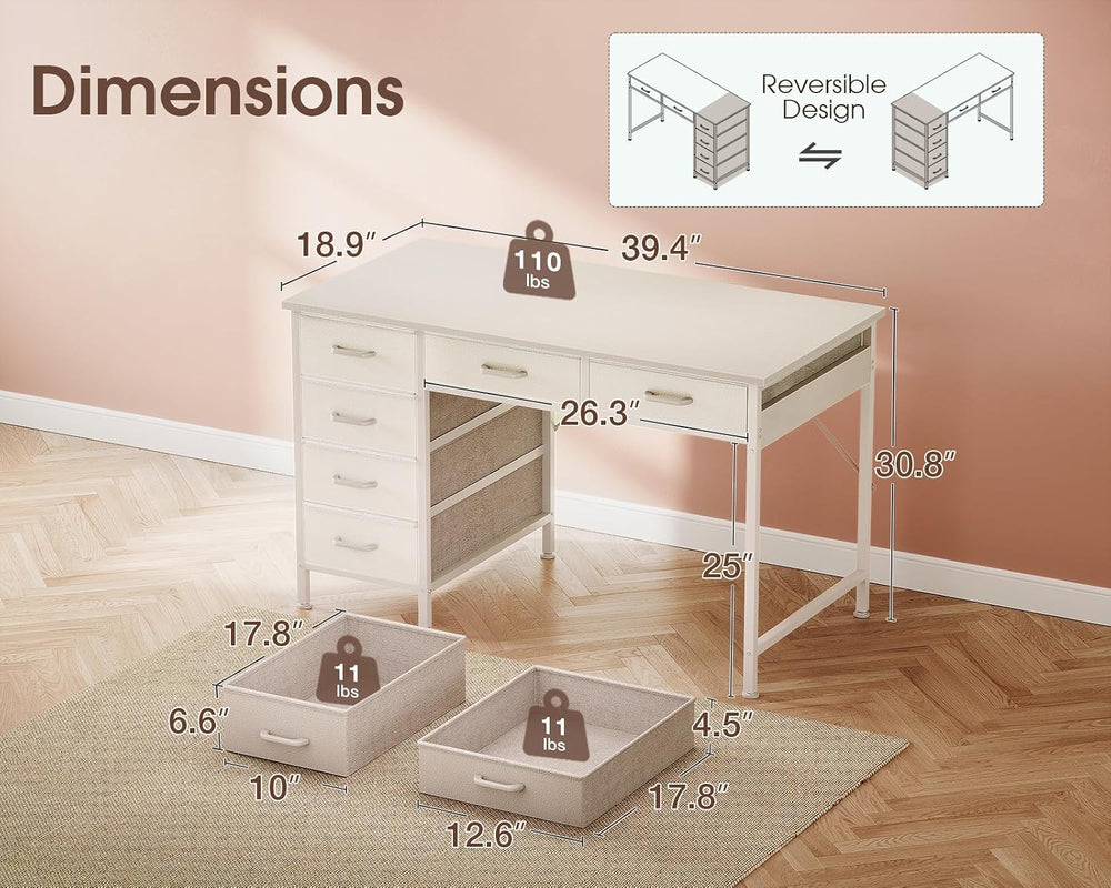 Casaottima 40 Inch Small Computer Desk with 6 Drawers, Reversible Storage Des...