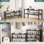 Smiry Shoe Rack, 2 Tier Bamboo Shoe Organizer, Stackable Free Standing Wooden Shoe Storage Shelf for Closet, Entryway, Front Door Entrance, Black