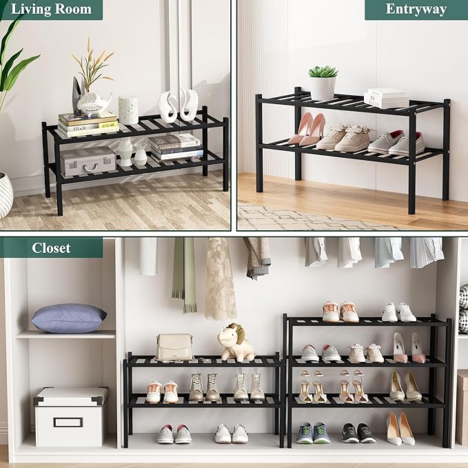 Smiry Shoe Rack, 2 Tier Bamboo Shoe Organizer, Stackable Free Standing Wooden Shoe Storage Shelf for Closet, Entryway, Front Door Entrance, Black