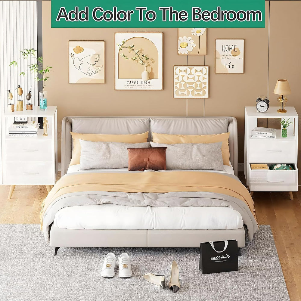Aenuert Night Stand, White Nightstand with Fabric Drawers, Wooden Side Table ...