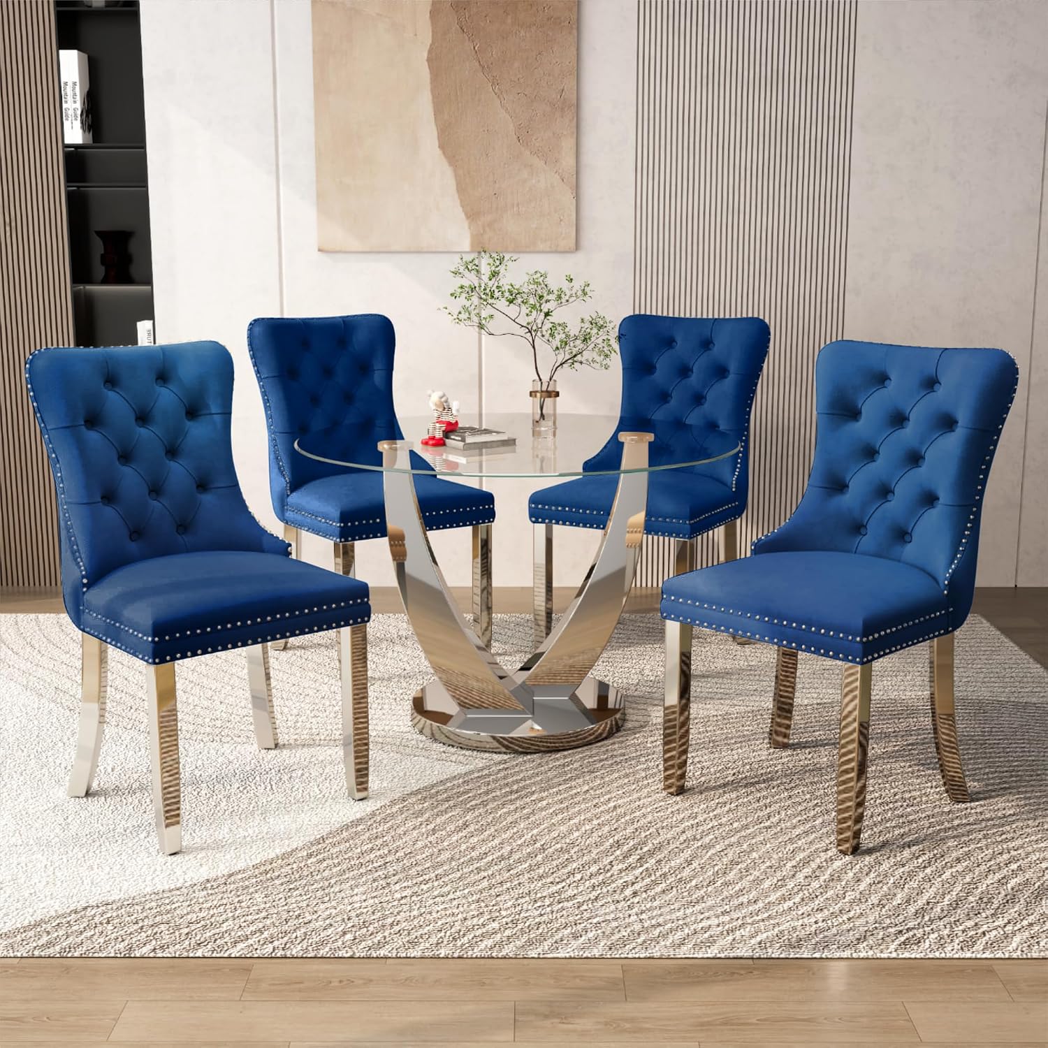 47.2 Inch Round Glass Dining Table Set for 4, Silver Round Kitchen Table with 4 Upholstered Velvet Accent Chairs, 5 Piece Modern Dining Room Set, for Home, Apartment, Kitchen - Blue Chairs