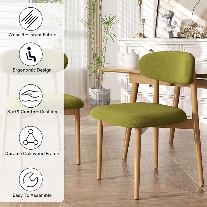 Wooden Dining Chair Set of 8, Modern Dining Chairs with with Curved Back, Fabric Upholstered Kitchen Dining Room Chairs with Adjustable Legs for Farmhouse Dining Living Room,Green