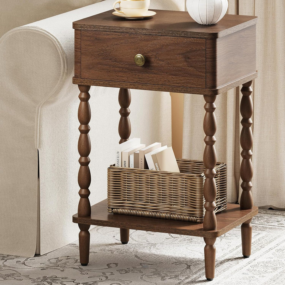 Yoobure Small Side Table with Drawer - Walnut Night Stand with Wood Legs