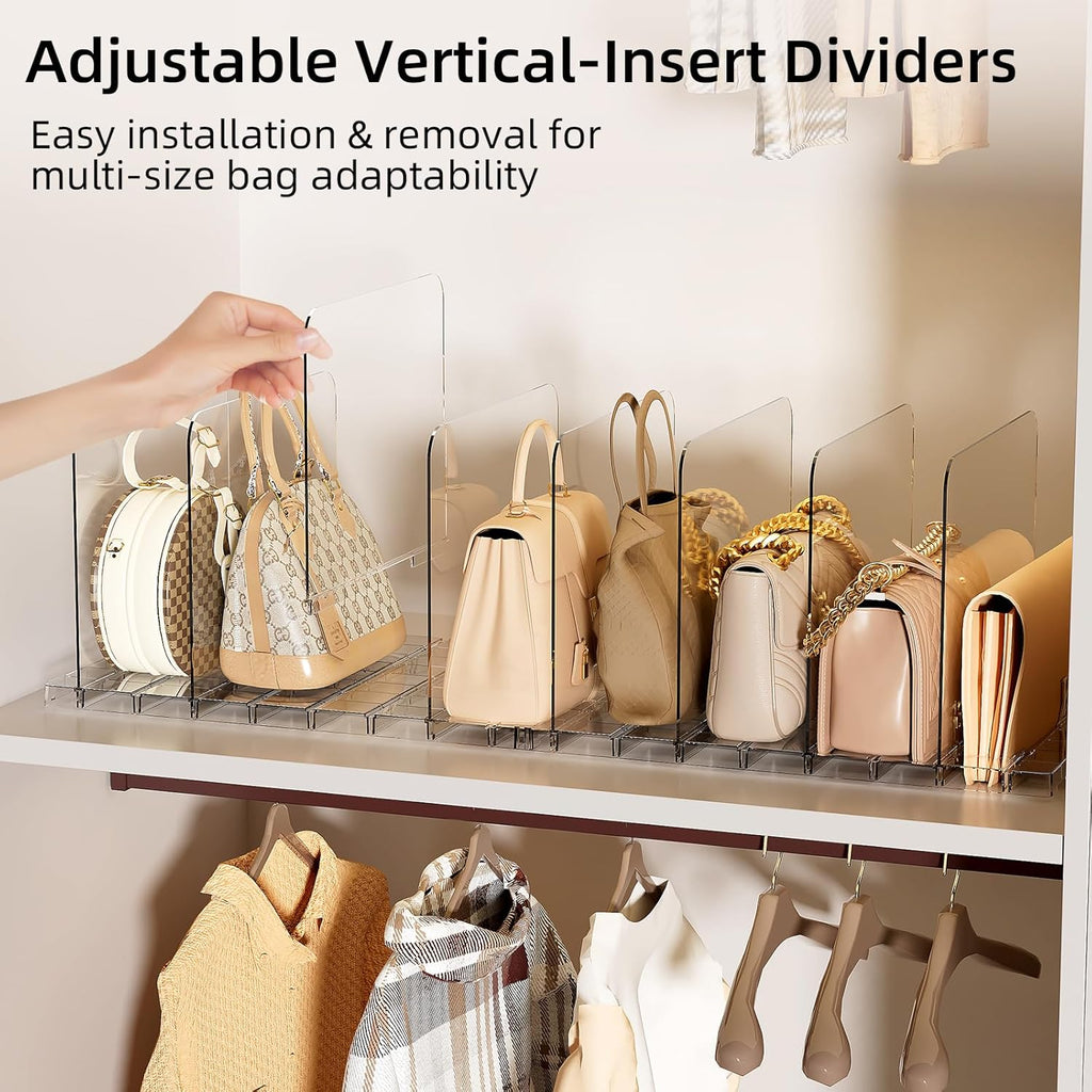 Bag & Purse Organizer for Closet Stackable Acrylic Shelf Dividers for Closet Organization, Clear Handbag Purse Storage Organizer Divider, Keep Clutch, Wallet, Pocketbook Upright, 6 Pack