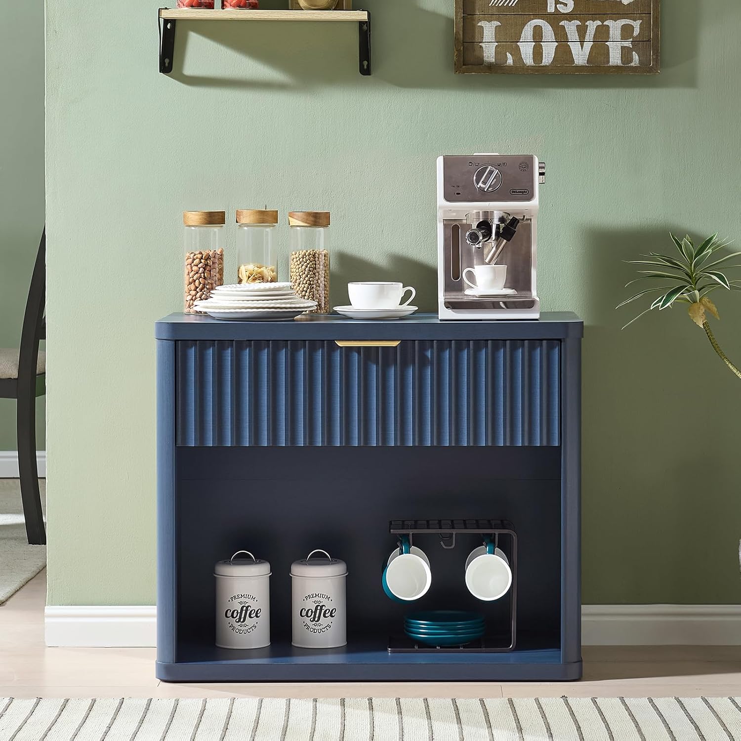 LEYAOYAO 31" Wide Fluted Nightstand Set of 2 with Charging Station, Oversized Extra Large 1 Drawer Night Stand with Golden Handle, Blue Wood Bedside Table Tall End Tables,for Bedroom, Living Room