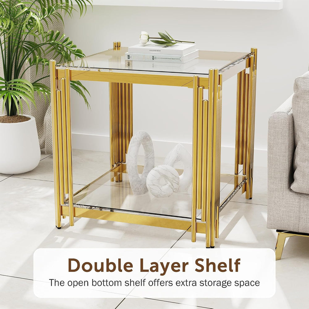 Luxury Gold Square Glass End Table, 19.7" Modern Side Table with Stainle...