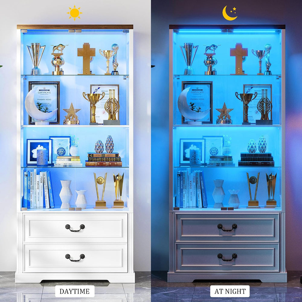 FREDEES 4-Tier Glass Display Cabinet with 2 Drawers