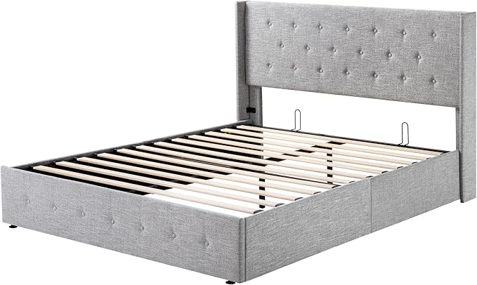 Allewie Full Size Lift Up Storage Bed, Button Tufted Headboard with Wingback, Hydraulic Support, No Box Spring Needed, Light Grey