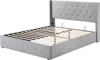 Allewie Full Size Lift Up Storage Bed, Button Tufted Headboard with Wingback, Hydraulic Support, No Box Spring Needed, Light Grey