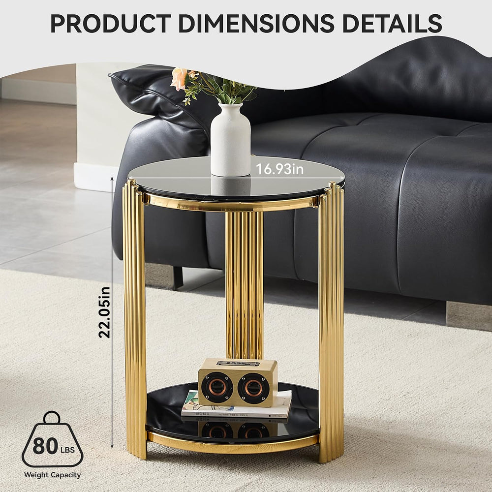 Henf Round Glass End Table Modern Luxury Accent Sofa Side Table, 2-Tier Black...