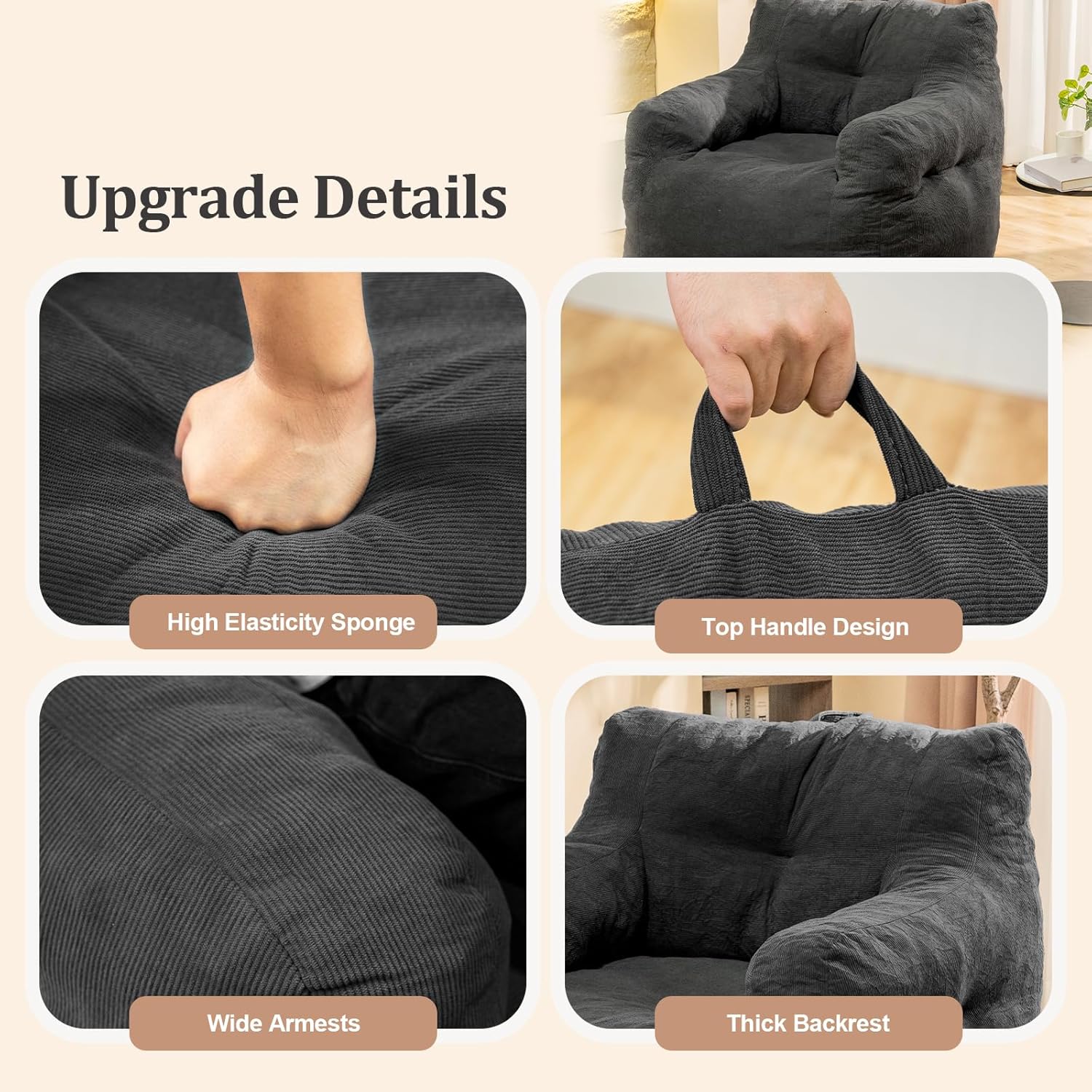 Jumbo Plush Bean Bag Chair for Adults with Head & Back Support - Extra Large Durable Tear-Resistant Fabric (Small)