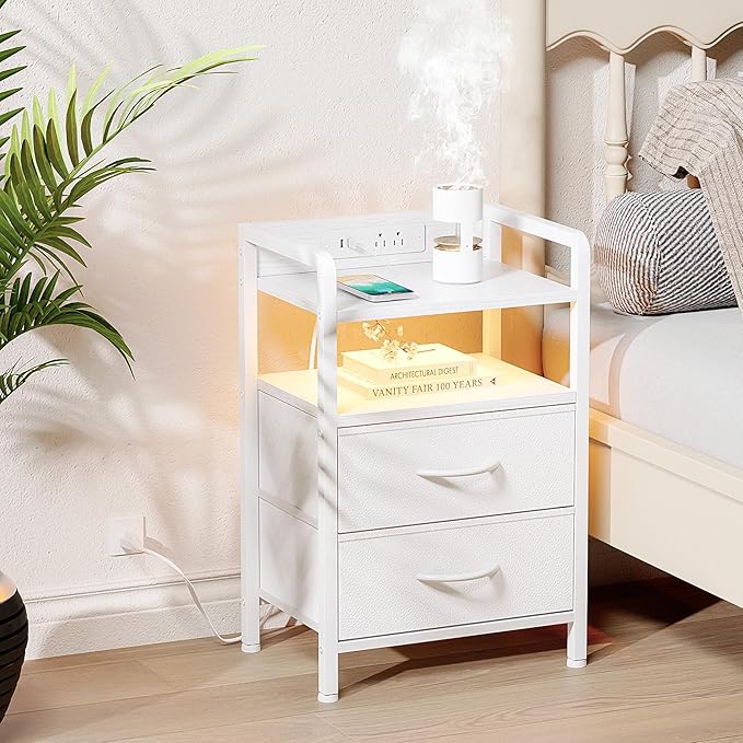 Night Stand Bedside Table Bedroom - White Nightstand with Charging Station &a...