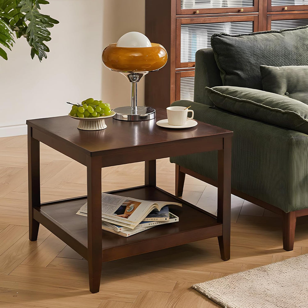Side Table, Solid Wood Square End Table with Storage Shelf, 2-Tier Coffee Tab...