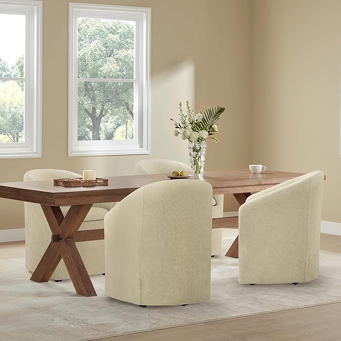 Upholstered Dining Chairs with Casters, Washable Cover Modern Dining Room Chairs with Barrel Backrest & Dual Armrest for Kitchen, Living Room, Bedroom, Sand Fabric, 4PCS