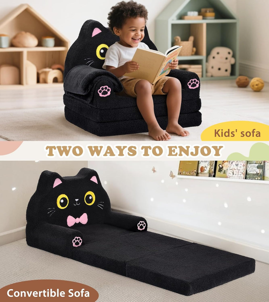 Foryoomi Kids Couch, 2-in-1 Soft Toddler Couch Fold Out with Blanket, Chair Comfy, Foldable Convertible Plush Sofa, Gifts for Kids Girl Boys, Black Cat