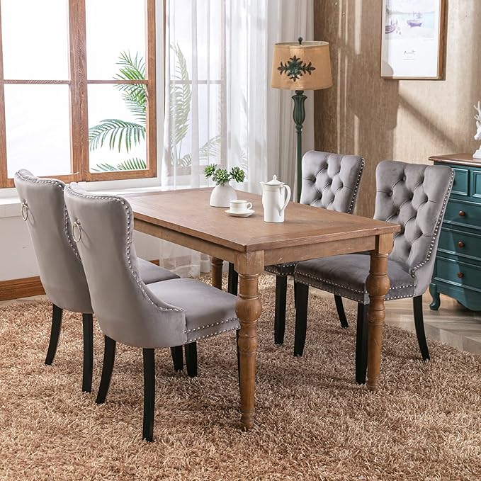 Modern Dining Chairs Set of 8, Tufted Upholstered Dining Chair with Solid Wood Legs, Grey Velvet Accent Chair, Sillas de Comedor, Kitchen & Dining Room Chairs (Gray, Velvet, 8Pcs)