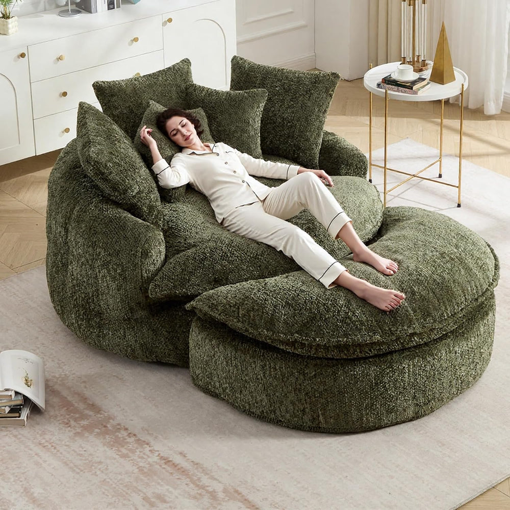 Oversized Round Lounge Chair with Ottoman Cloud Comfy | Breathable soft fabri...