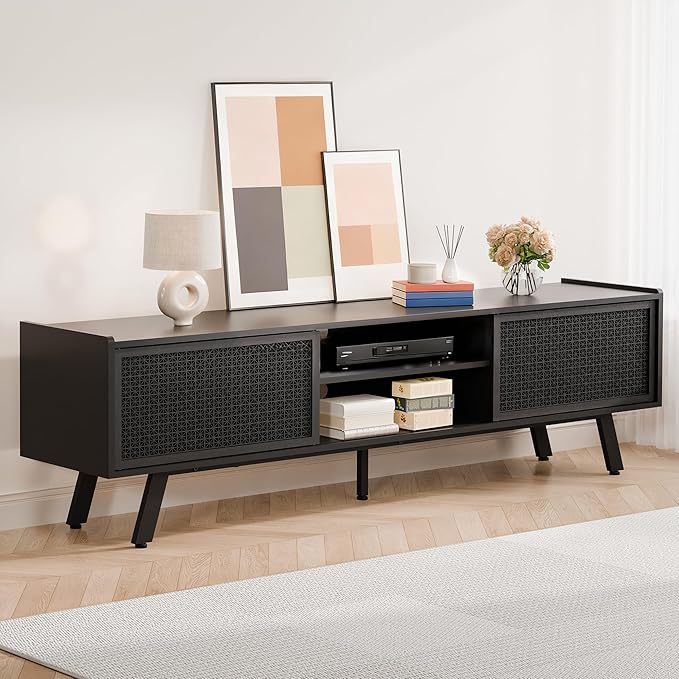 Black Mid Century TV Stand for TVs up to 80" Iron Rattan Entertainment Center with Sliding Door TV Media Console with Adjustable Shelves and 2 Storage Cabinets