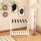 Luggage Rack, Foldable Suitcase Stand with Storage Shelf and 5 Heavy-Duty Straps, Bamboo Luggage Holders for Guest Room, Bedroom and Hotel - White