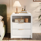 Decofy Fluted 2-Drawer Nightstand Set of 2 with Charging Station, White | Open Shelf, USB and Type C Ports, Curved Profile, Gold Handles, 19.7'' Wood Bedside Table