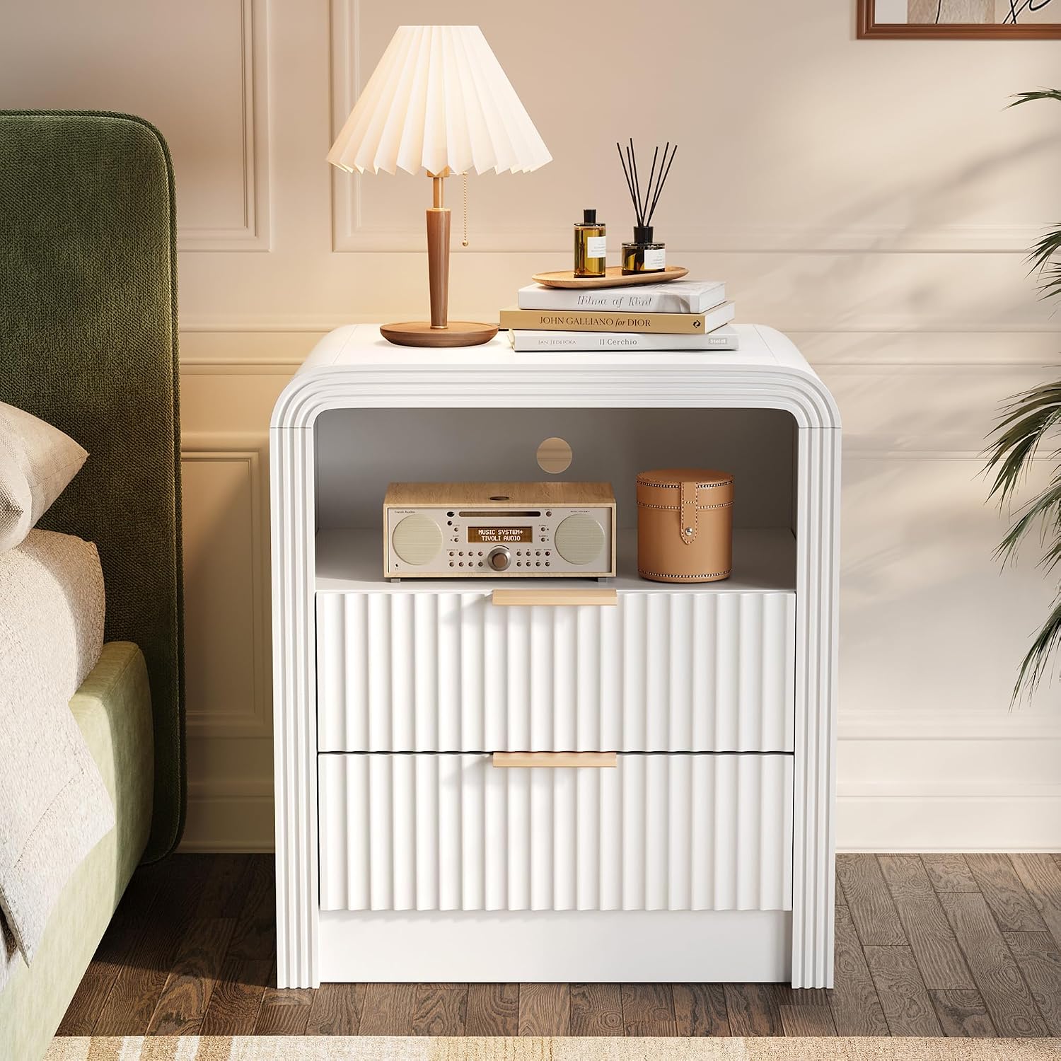 Decofy Fluted 2-Drawer Nightstand Set of 2 with Charging Station, White | Open Shelf, USB and Type C Ports, Curved Profile, Gold Handles, 19.7'' Wood Bedside Table