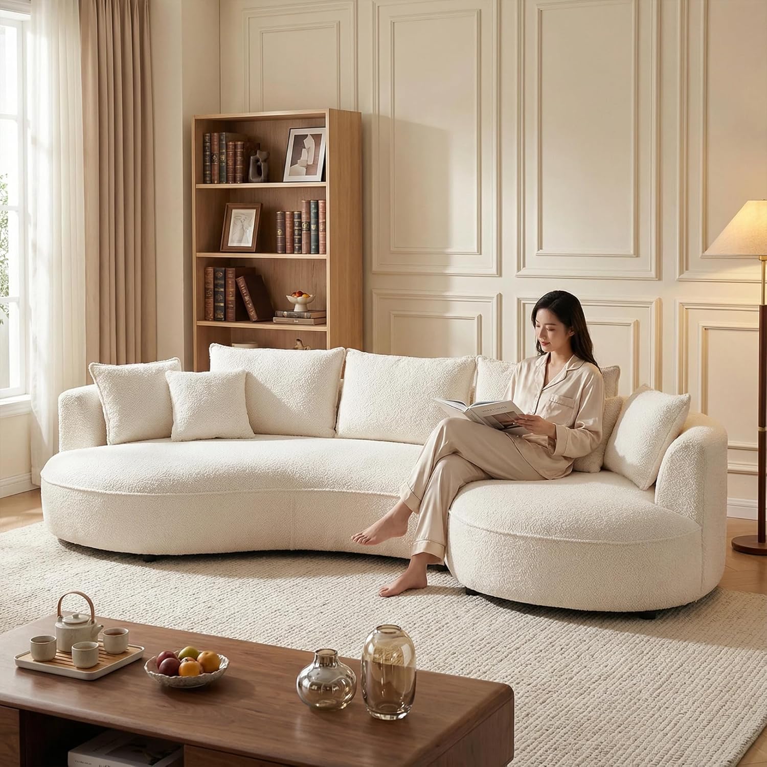 Oversized Curved Sectional Sofa, 125", 5-Seater, Upholstered, Boucle, Cloud | Boucle Upholstered Modular Couch with Chaise, Deep Seat Luxury Cloud Sofa, for Living Room, Apartment, Right Facing, Beige