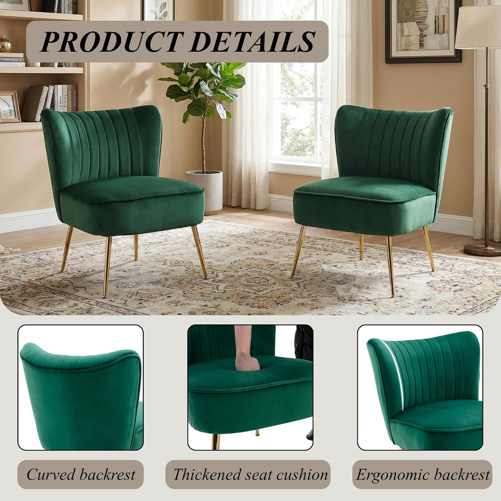 Velvet Accent Chair Set of 2 Comfy Living Room Chairs with Golden Legs Wingba...
