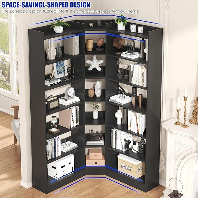70.8" Tall Corner Bookshelf and Bookcases, 7 Tiers Morden Large Etagere Bookcases Storage Display Rack with Baffle, Industrial L-Shaped Bookshelves for Bedroom, Home Office, Living Room, Black