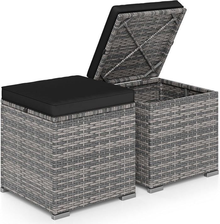 HAPPYGRILL Patio Ottoman Set of 2, Outdoor Wicker Stools with Storage, Rattan Footrest Ottoman with Solid Metal Frame and Cushion for Backyard Poolside Garden Porch Balcony