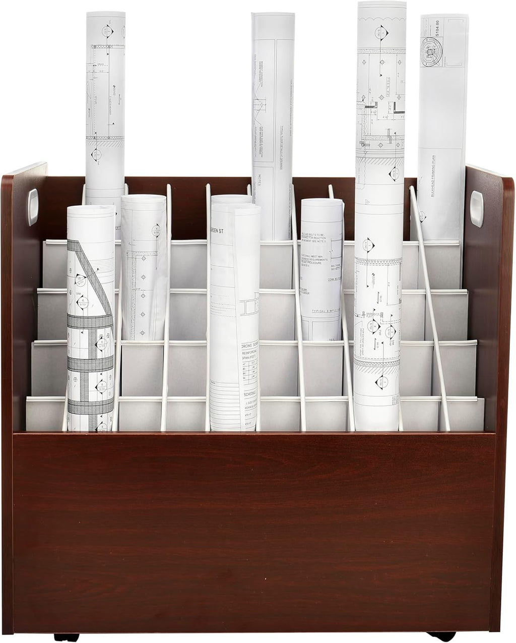 Adir Blue Print Storage Organizer - Mobile Roll File Cart, Construction Plan Holders, Blueprint Cabinet with Wheels, Roll Files Storage for Office and Home (50 Slots, Mahogany)