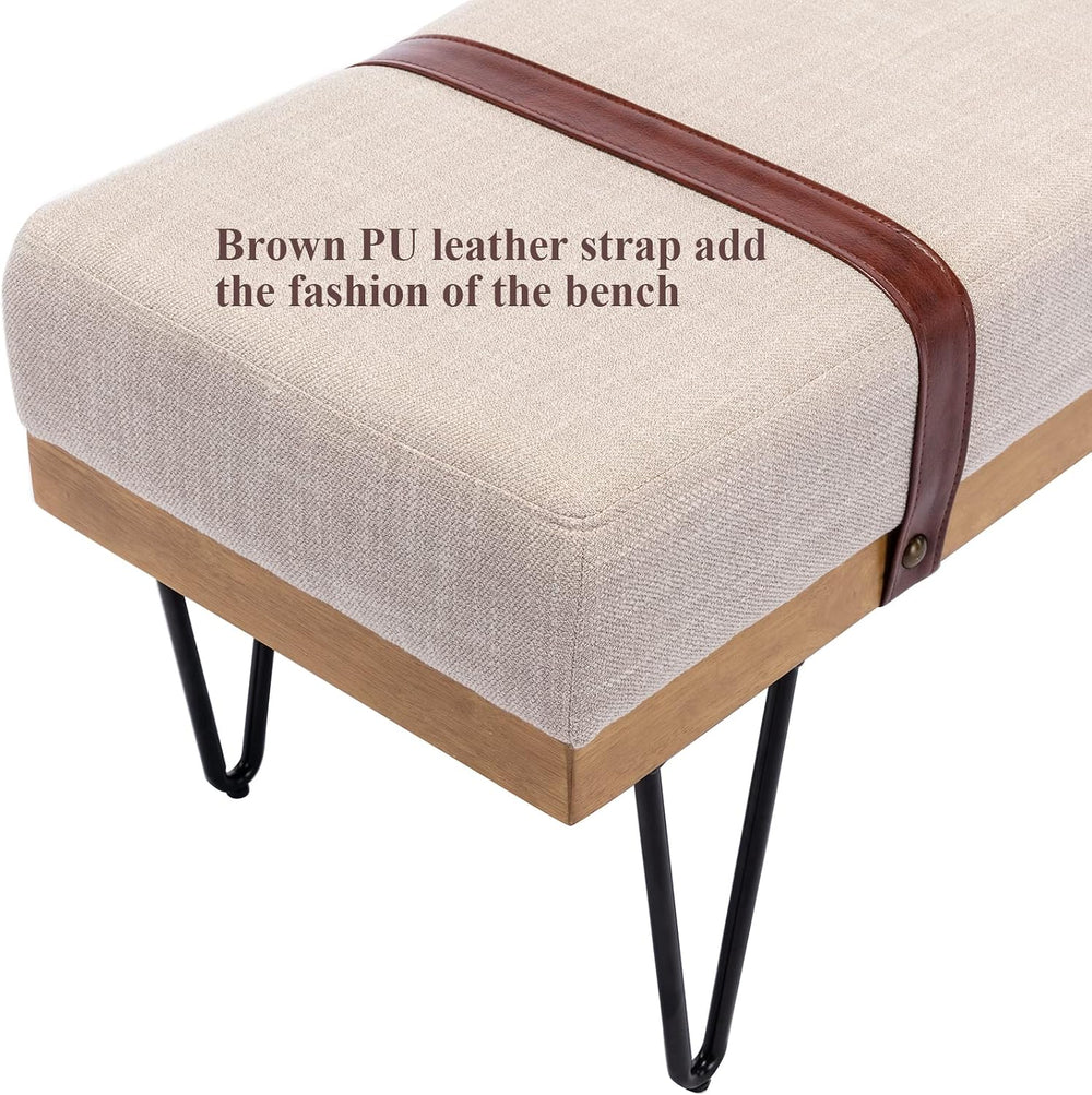DUOMAY Industrial Modern Linen Rectangle Ottoman Bench with PU Strap and Meta...