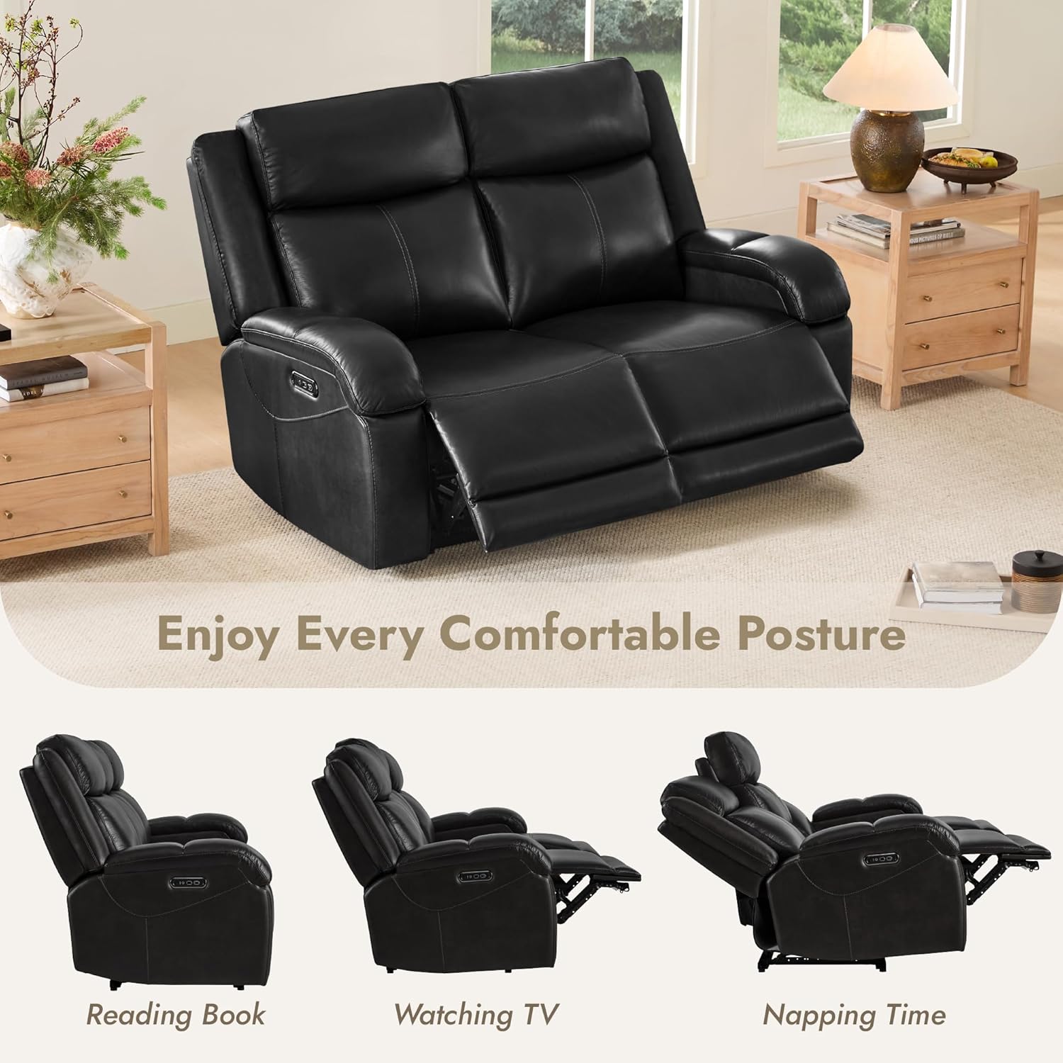 Watson & Whitely Genuine Leather Power Loveseat Recliner Sofa, 2 Seat Wall Hugger Reclining Sofa with Power Headrest & Charging Ports, Dual Recliner Sofas for Living Room, RV, Black