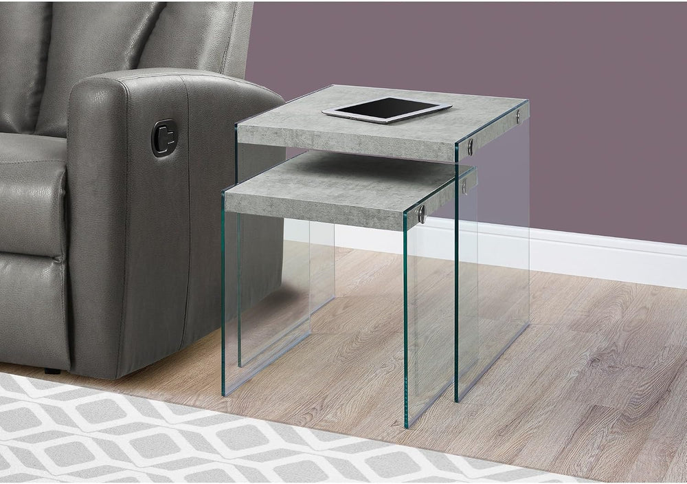 Monarch Specialties ,Nesting Table, Tempered Glass, Grey Cement