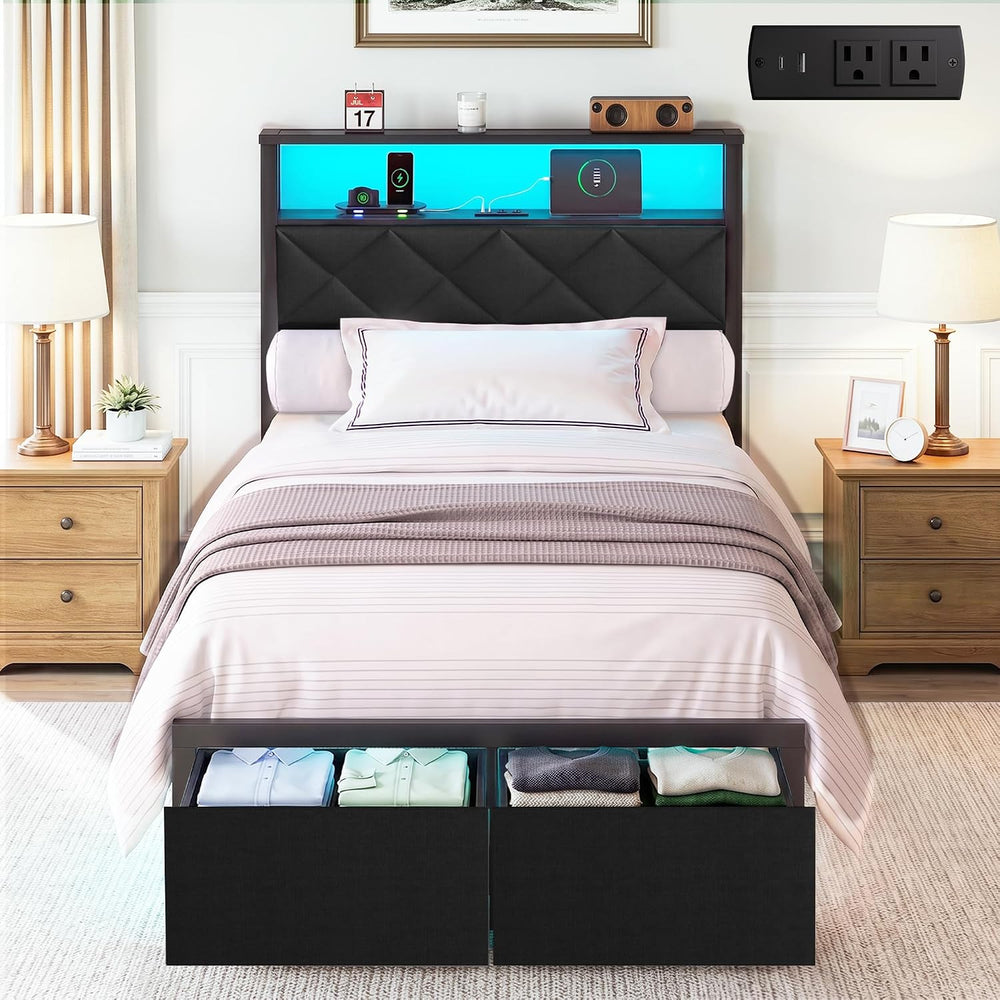 Twin Bed Frame with LED Lights, Charging Station & 2 Storage Drawers, Met...