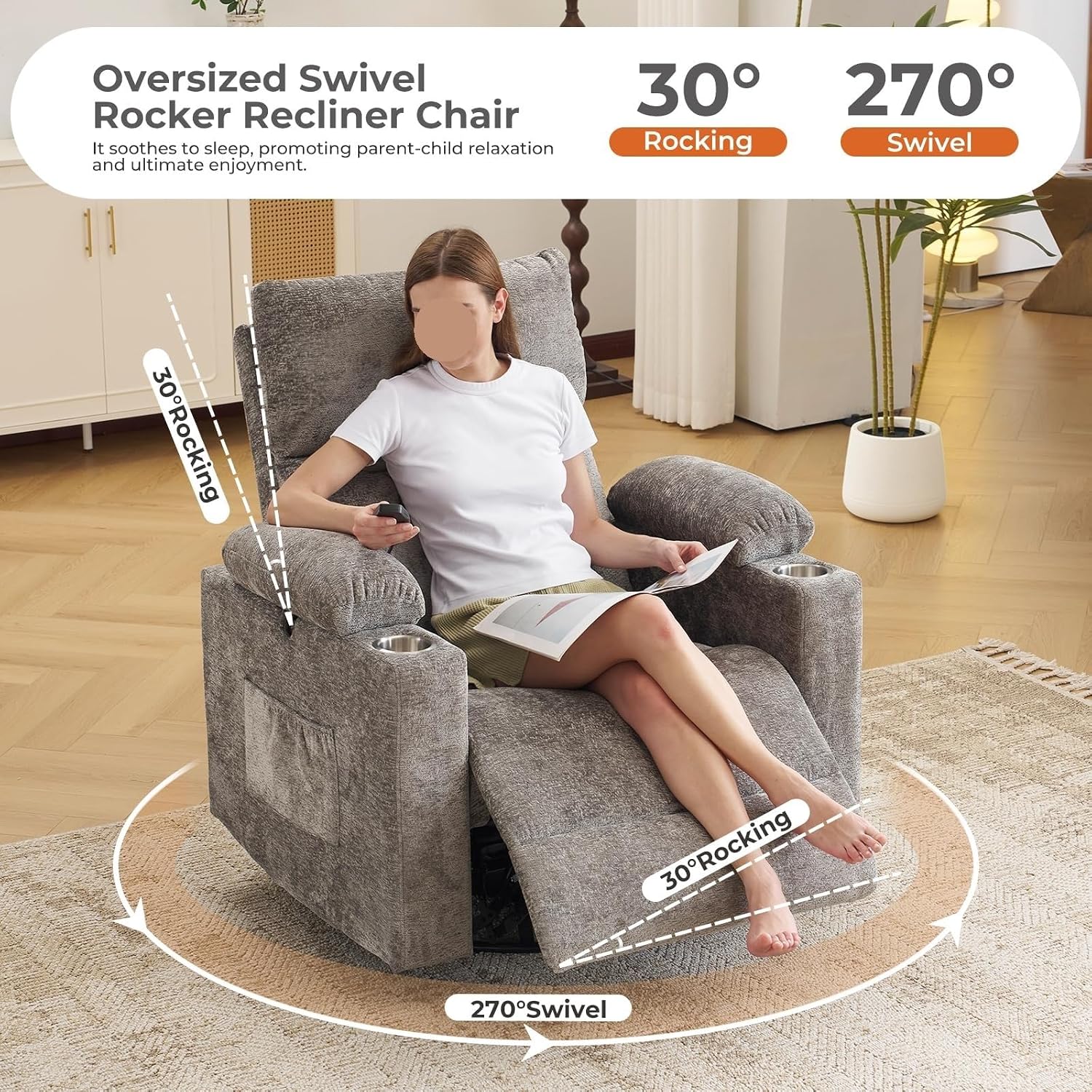 Electric Power Swivel Glider Rocker Recliner Chair with Headrest Adjustable Armrests Heat Massage Function Sofa for Living Room Home Furniture
