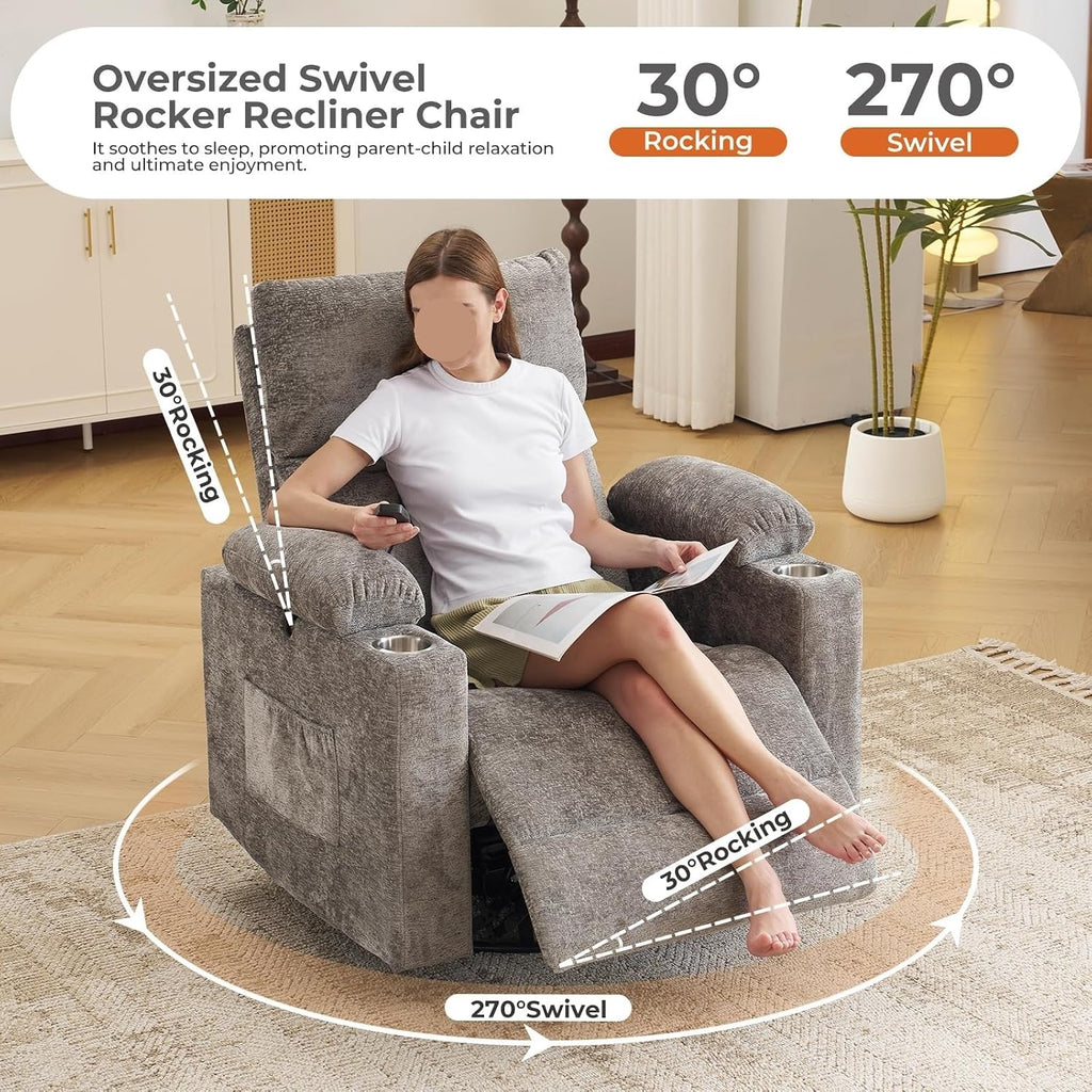 Electric Glider Rocker Recliner Chair with Massage and Heat Power Swivel Recliner Sofa with Adjustable Armrests and Headrest for Living Room