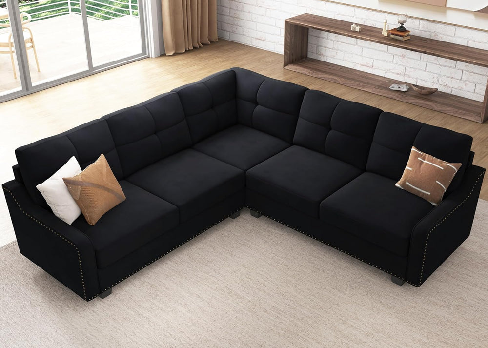 HONBAY Convertible Sectional Sofa L Shaped Couch,Velvet Black | Reversible Se...