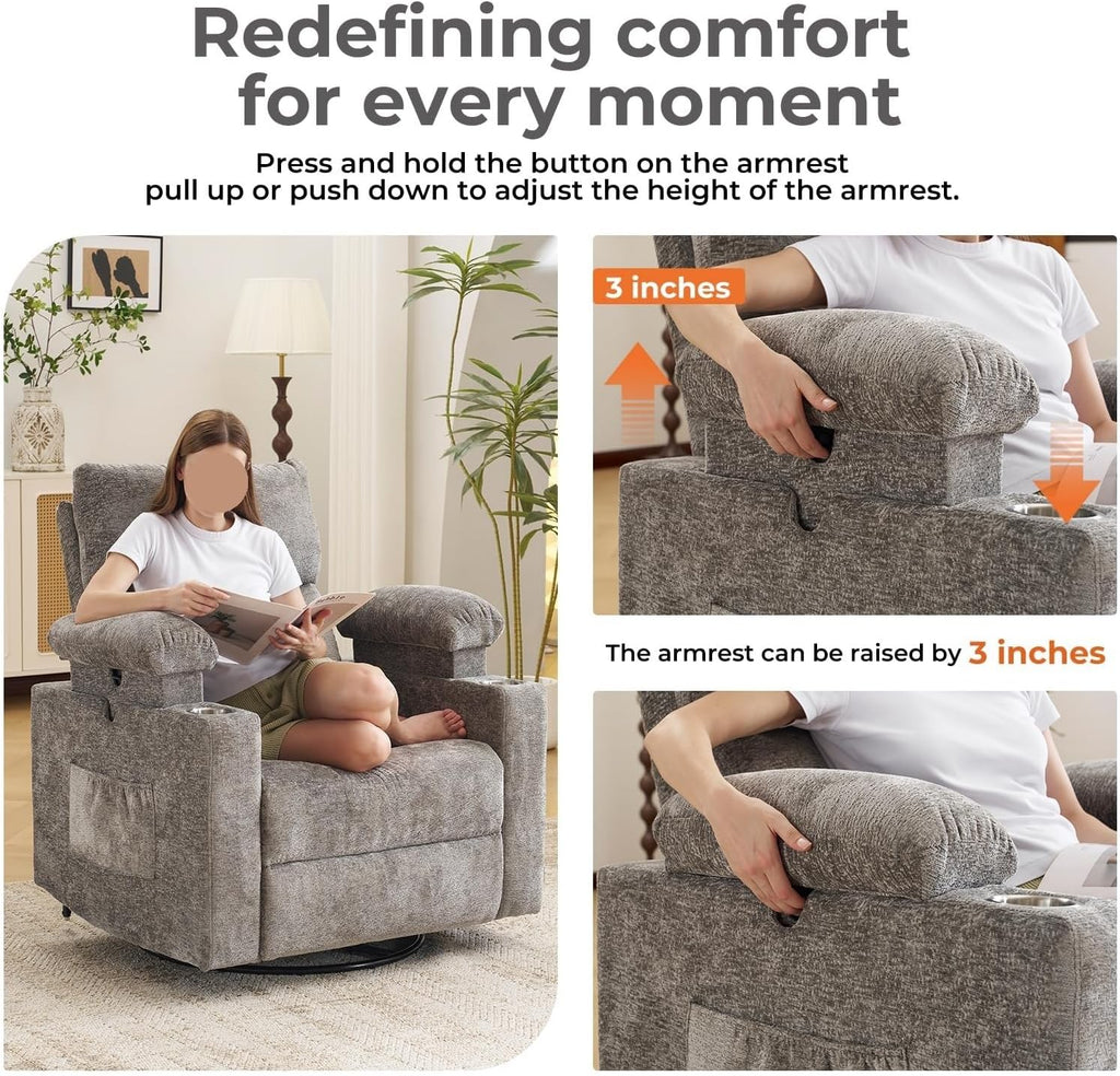 Electric Power Swivel Glider Rocker Recliner Chair with Headrest Adjustable Armrests Heat Massage Function Sofa for Living Room Home Furniture