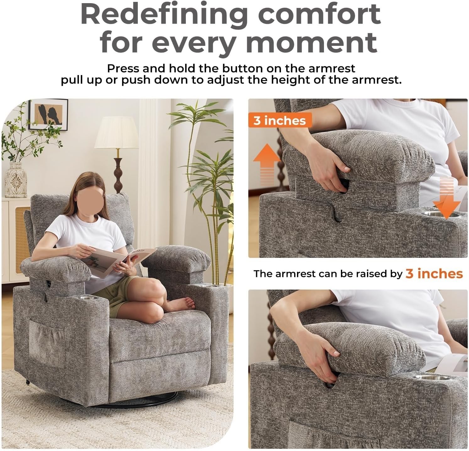 Electric Power Swivel Glider Rocker Recliner Chair with Headrest Adjustable Armrests Heat Massage Function Sofa for Living Room Home Furniture