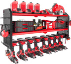 KAFAHOM Power Tool Organizer, Large 8 Drill Holder Wall Mount with 2 Side Pegboards, Heavy Duty Metal Tool Shelf with 12 Hooks, Storage Rack for Garage Organization, Utility Battery Shelves - Red