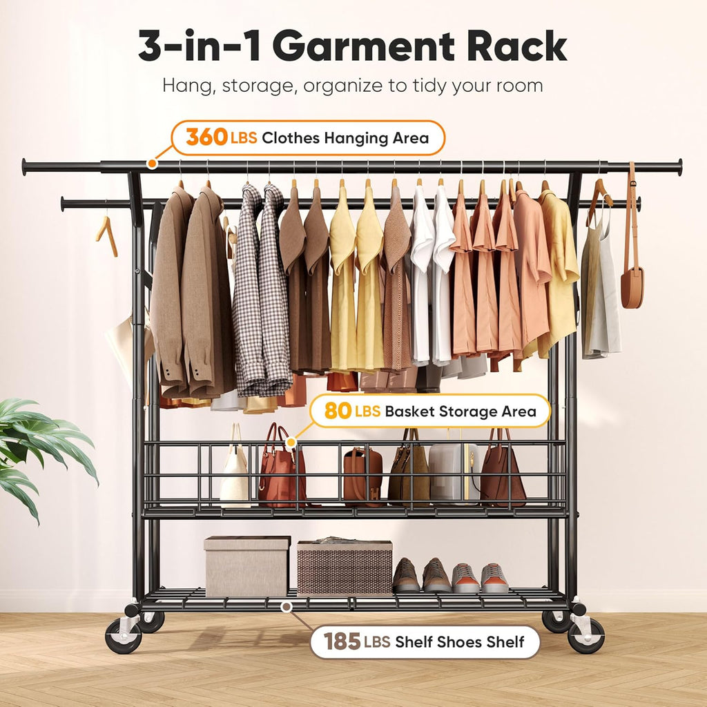 HOKEEPER Heavy Duty Clothes Rack Load 625 LBS, Clothing Rack for Hanging Clothes, Adjustable Black Double Rod with Metal Basket, Portable Rolling Garment Rack with Wheels for Bedroom, Laundry Room