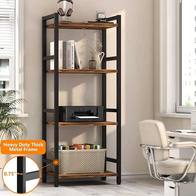 Book Shelf, 4 Tier Bookcase with Steel Frame, Stable Bookshelf Narrow Book Shelves Storage Organizer for Book CD Movie, Open Bookshelves for Living Room, Home Office, Study, Rustic Brown